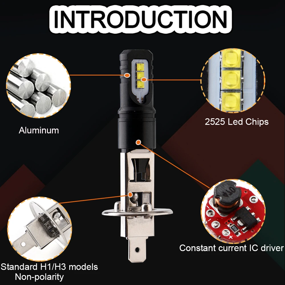 4 шт. DC 9-28 V H1 H3 2525 6SMD белый 8000 K Светодиодные лампы постоянного тока противотуманных фар Поворотная сигнальная лампа фара для автомобилей авто 600LM