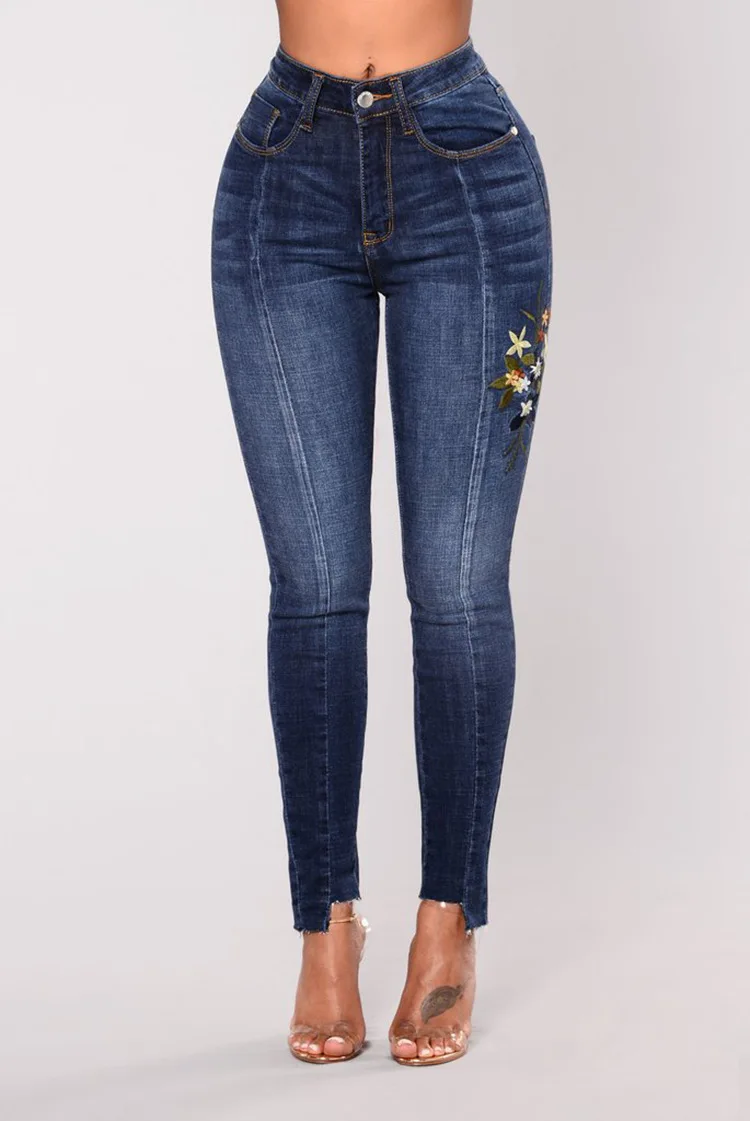 Embroidered Jeans Full Length Washed Denim Elastic Stretchy Cowboy Feet
