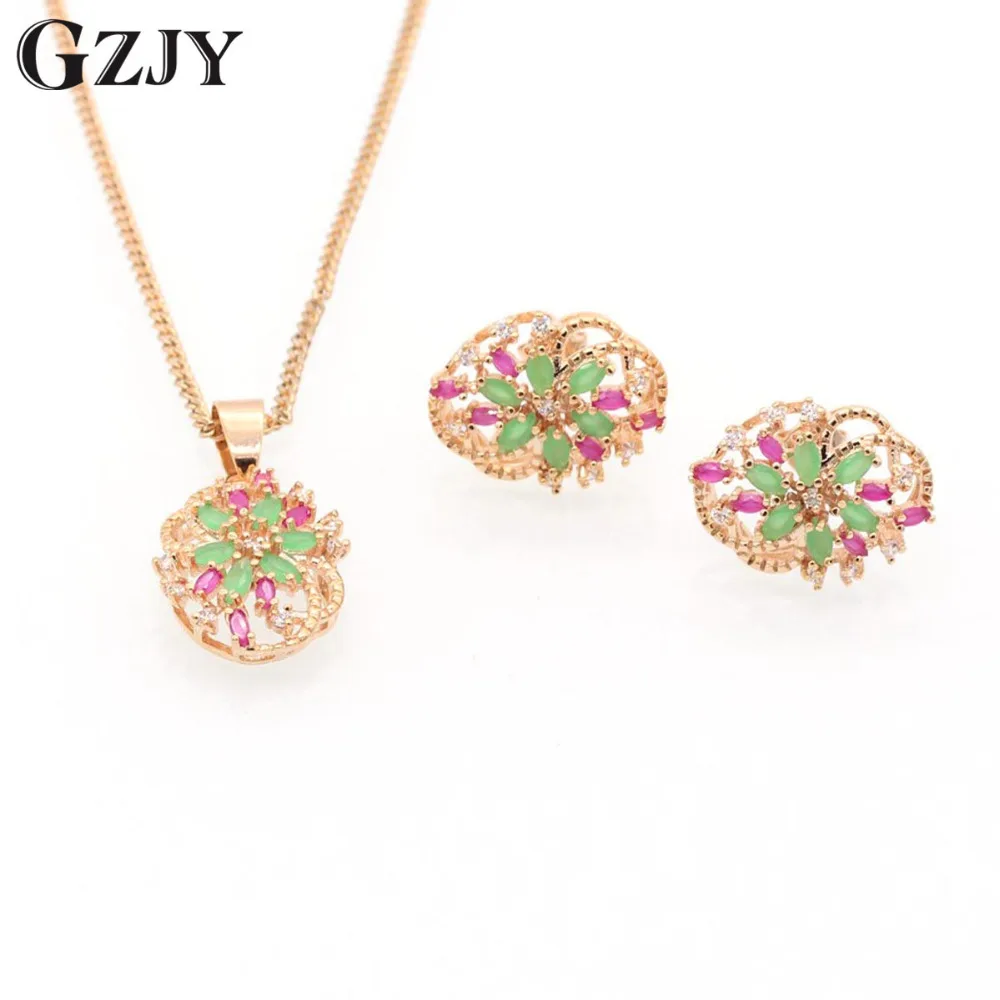 

SUMPTUOUS! NATURAL TOP HIGH QUALITY RICH GREEN RED CUBIC ZIRCONIA NECKLACE EARRING GOLD JEWELRY SET I04-1