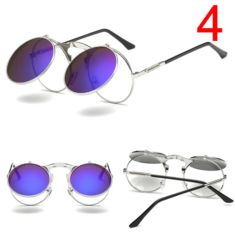 Ретро стиль, стимпанк, круглые, флип-ап, солнцезащитные очки, для женщин и мужчин, на застежке, солнцезащитные очки, металлические, панк, солнцезащитные очки для мужчин - Цвет линз: 4