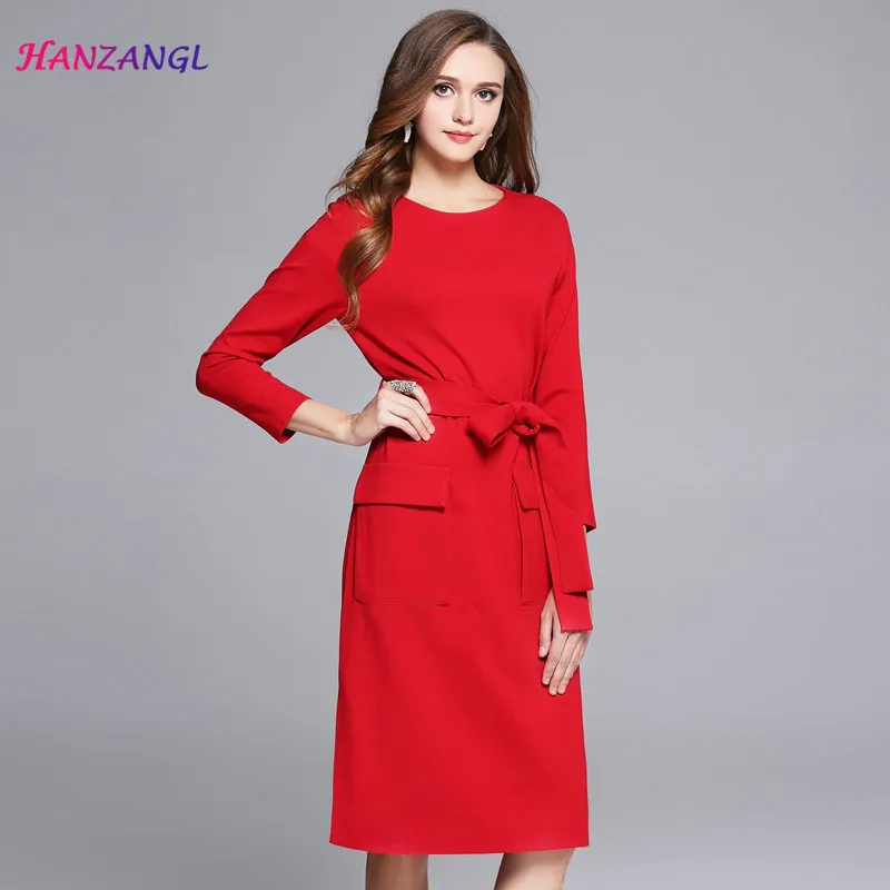 HANZANGL Autumn Winter New Women Europe And America Fashion Lacing Waist Slim Split Ends Red Dress
