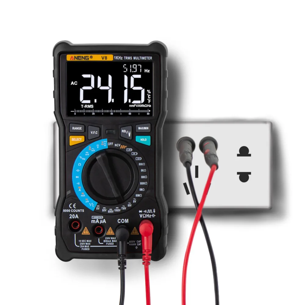 

LCD Display V8 True RMS Digital Multimeter Auto Range 8000 Counts Display V.F.C Inverter Measurement Analog Bar Graph Wire Power