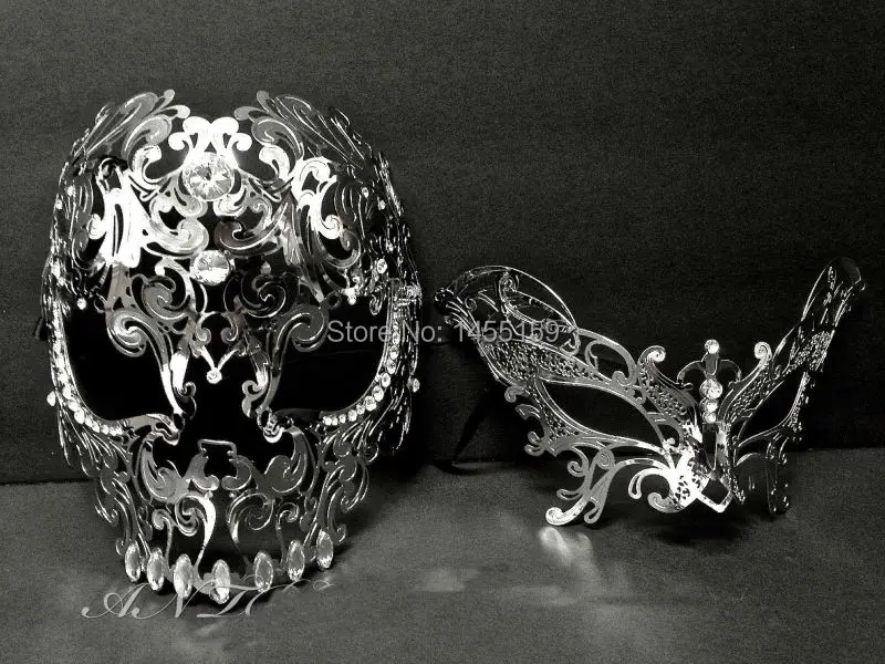 

Silver Metal Skull Venetian Butterfly Masquerade Couple Masks Set The Beast and Beauty Prom Full Face Costume Party Mask Lot