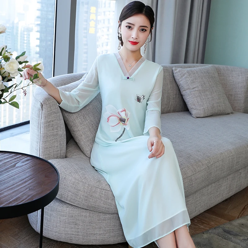 2019 Women Printed Chiffon Summer Fashion Dress Fit and Flare Elegant Natural Factors V-Neck Three Quarter Sleeve Female Dresses | Женская