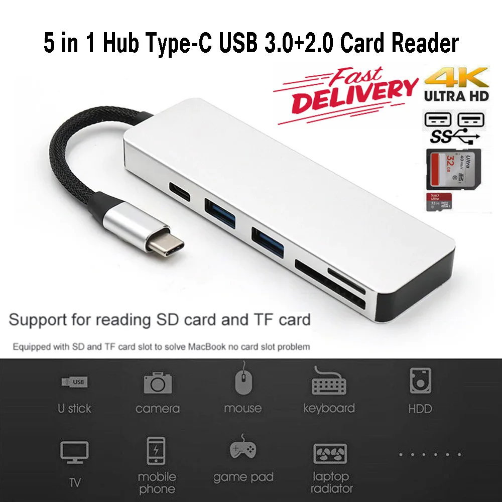 5 в 1 type-C USB C до 4 K HDMI адаптер двойной USB 3,0 концентратор с TF SD кард-ридер