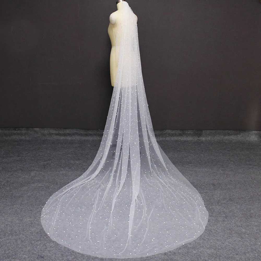Beautiful Long Pearl Veil One Layer 3M Bridal Veil Cathedral 3 Meters White Ivory Wedding Veil with Pearls Bride Accessories