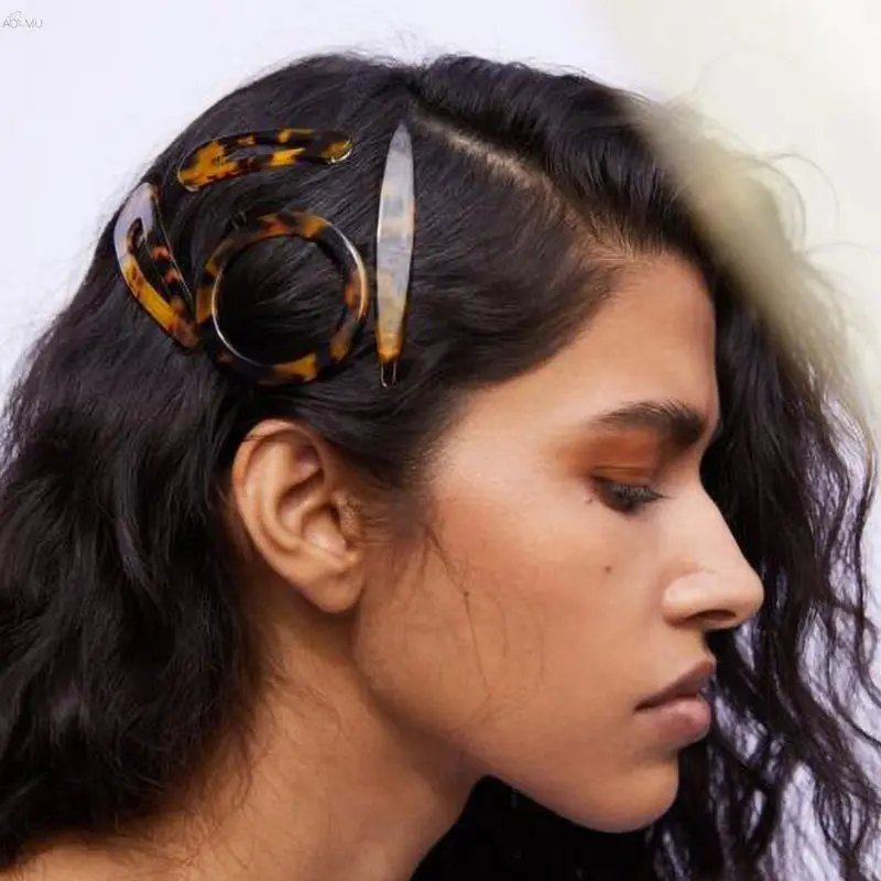 AOMU 1 шт., японские акриловые шпильки из смолы, геометрические круглые треугольные заколки для волос с леопардовым принтом, аксессуары для волос для женщин