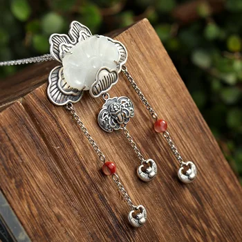 

L&P Luxury Vintage Jade Pendant Necklace For Lady Authentic 925 Sterling Silver Gemstone Pendant Anniversary Gift Jewelry
