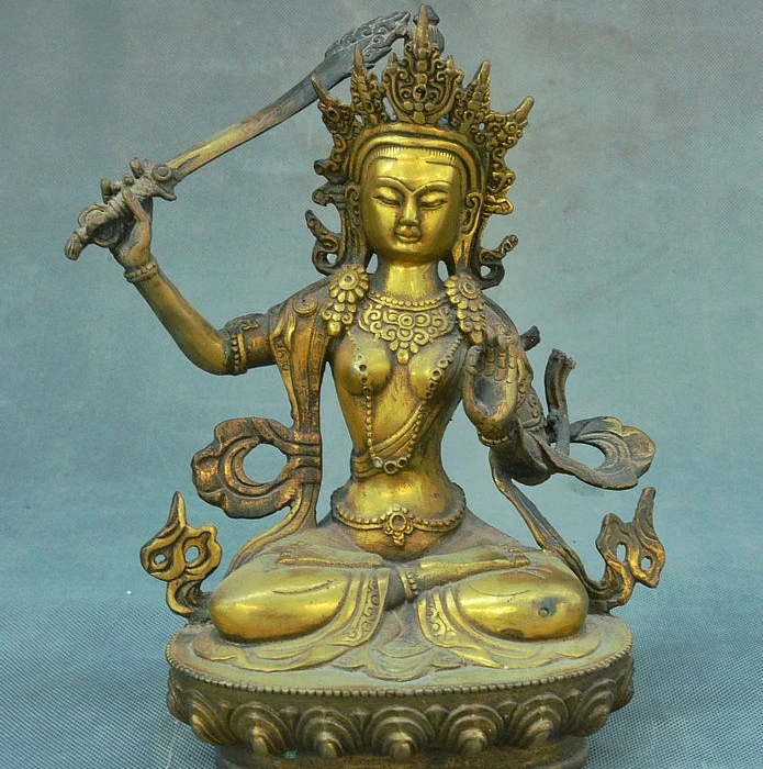 

8" Rare China Buddhsim Temple Bronze Wenshu Manjushri Bodhisattva Goddess Statue