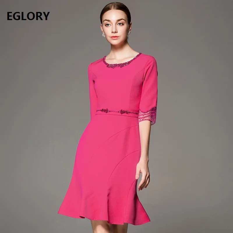 

XXXL Vestidos De Festa 2019 Spring Party Inspired Women Lux Diamond Beading 3/4 Sleeve Bodycon Trumpet Dress Pink Rose Red Festa