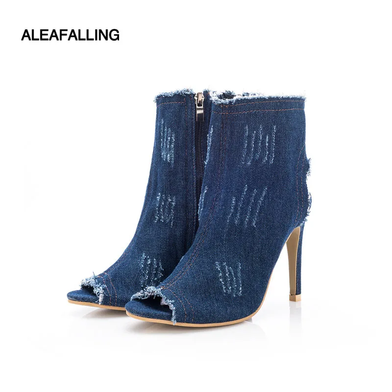 Aleafalling/Винтажные джинсовые женские туфли-лодочки с открытым носком; сезон лето-осень; пикантные женские ботильоны на высоком каблуке 10 см; джинсовые сандалии-гладиаторы