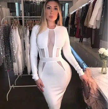 

Winter Fashion Sexy Long Sleeve White Rayon Bandage Dress 2019 Knitted Elegant Designer Party Dress