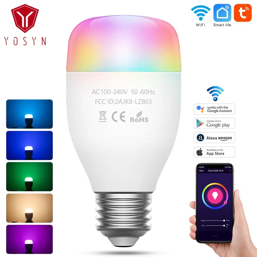 

YOSYN tuya e27 smart house bulb wifi remote control use Alexa and Google Home IFTTT voice control 7W led rgb light bulbs
