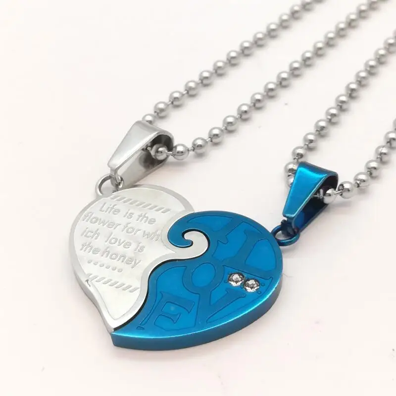 2 шт./пара кулоны для него и для нее соответствующие сердце Нержавеющая сталь подвеска «любящее сердце» гравировкой Цепочки и ожерелья для влюбленных пар eu te amo - Окраска металла: blue