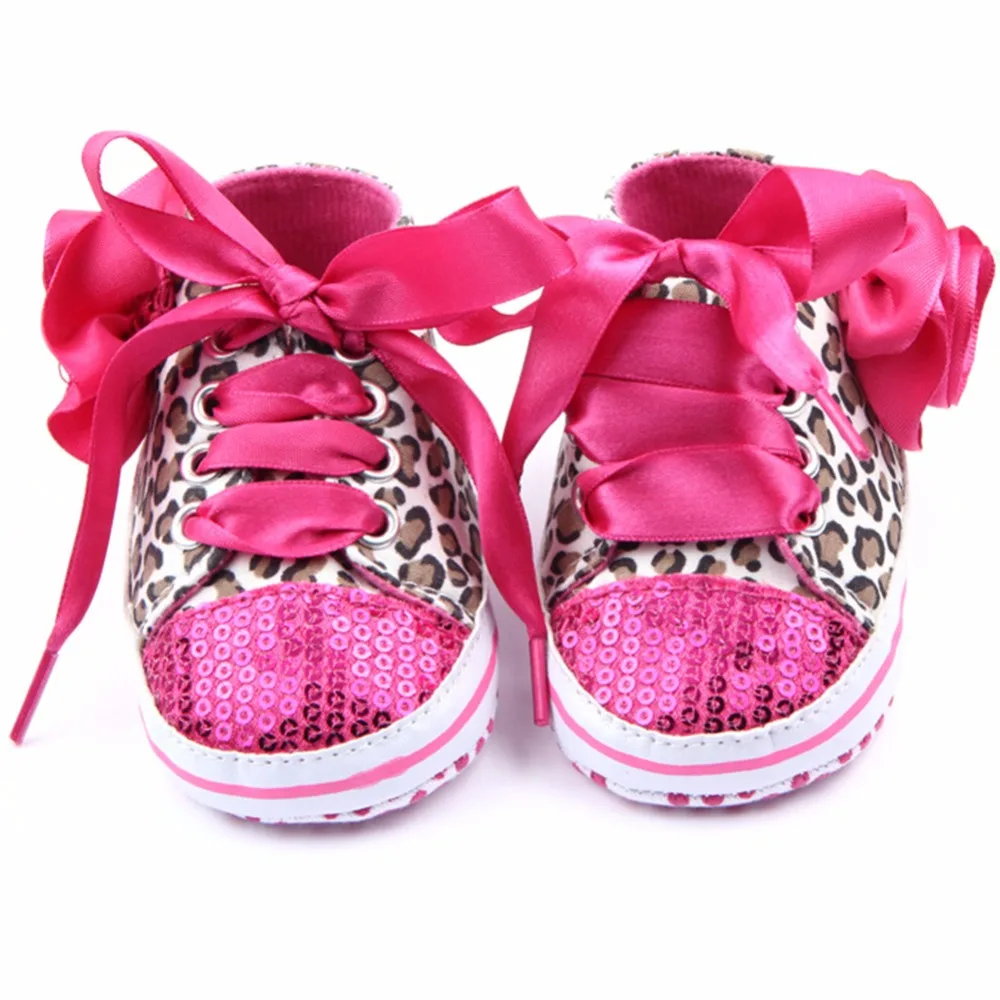 Infant Kid Girl Leopard Bling Shoelace Shoes Baby Toddler Soft Sole