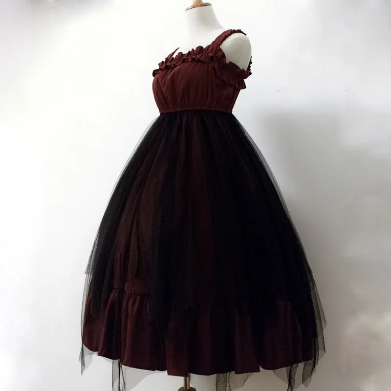 

Japanese Punk Gothic High waist Mesh dress jsk Vest Flounce Lolita Strap sleeveless dresses with waist sealing