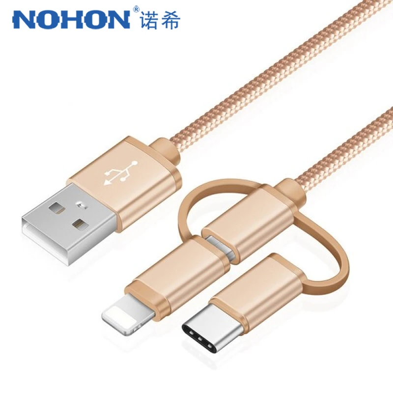 Нейлоновые Lighting кабели NOHON 3 в 1 для iPhone X 8 7 XS Plus зарядный кабель передачи данных Micro