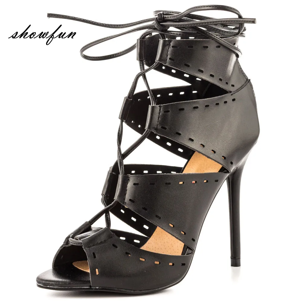 

Women's Genuine Leather Hollow-out Sexy Thin High Heel Open Toe Summer Ankle Boots Brand Designe Lace-up Gladiator Sandals Shoes