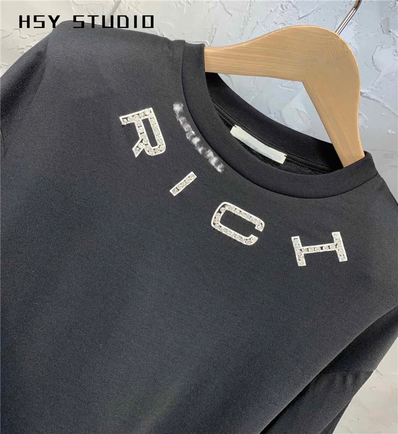 【HSY studo】2019 Новая летняя Черная Женская футболка с круглым вырезом и коротким