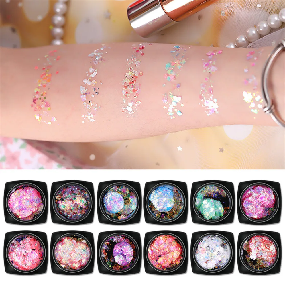 

12PC Eye Powder Shadow Mixed Flake Body Art Nail Hair Face Women Eye Make Up Shinning Glitter Powder Makeup Palette 1.23