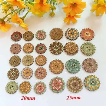

120pcs 20mm/25mm Mixed Printed vintage flower Natural Wood Buttons Cartoon Chips For Scrapbooking Decorations And craft accesso