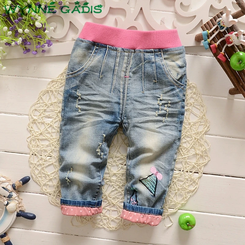 

Baby Girls Denim Jeans Cartoon Elastic Waist Full Length Trousers Kids Princess Children's Casual Pants roupas de bebe