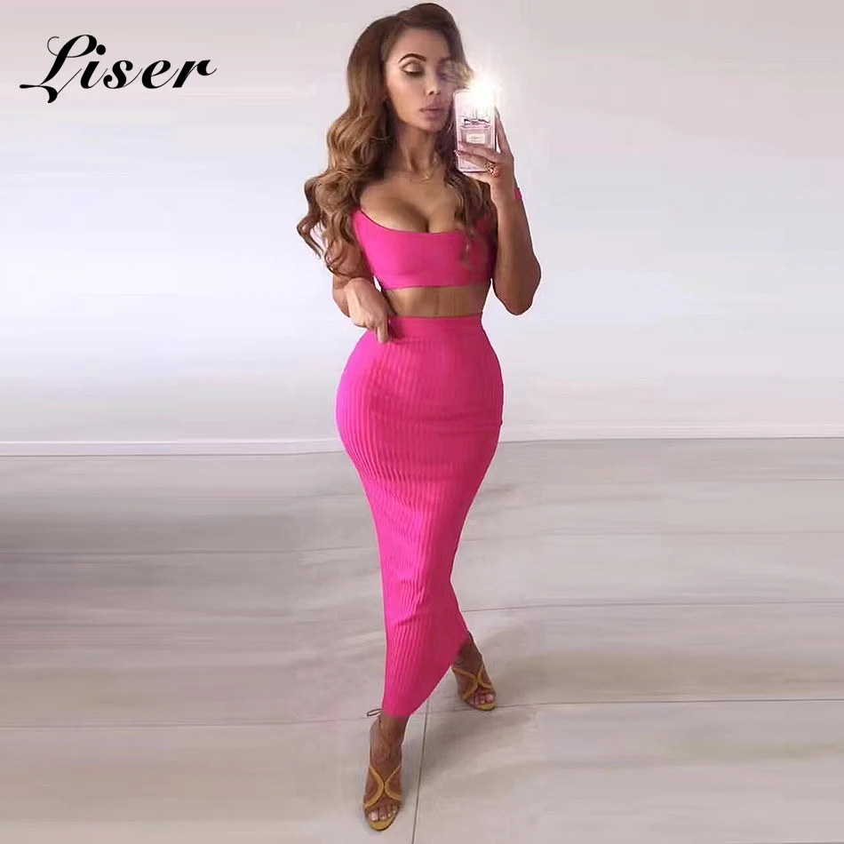 

Liser 2018 New Summer Women Dress Strapless Two Pieces Bandage Dress Sexy Bodycon Elegant Evening Party Fuchsia Dresses Vestidos