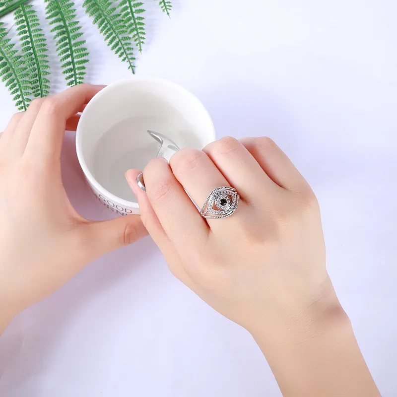 Новое модное черное CZ Кольцо с кристаллом в форме глаз для женщин серебряного цвета полое кольцо на палец для вечеринки аксессуары подарок