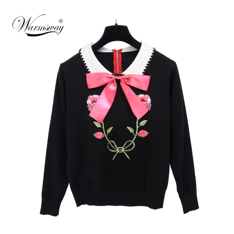 Women New Vintage Sweaters Beading Sequined Floral Pullovers Winter Autumn Knitted Retro Embroidery Bow Tops Blusas C-023