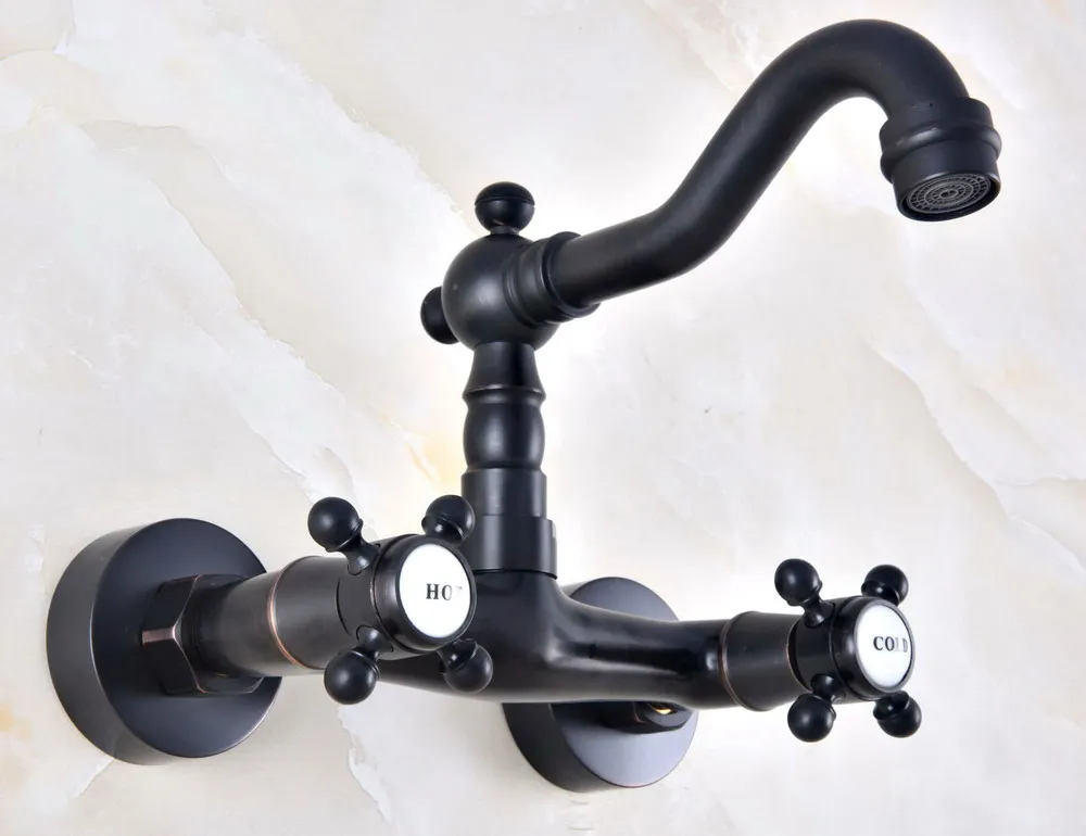 Kitchen Wet Bar Bathroom Vessel Sink Faucet Black Oil Rubbed Bronze Wall Mounted Swivel Spout Mixer Tap Dual Cross Handle mnf451