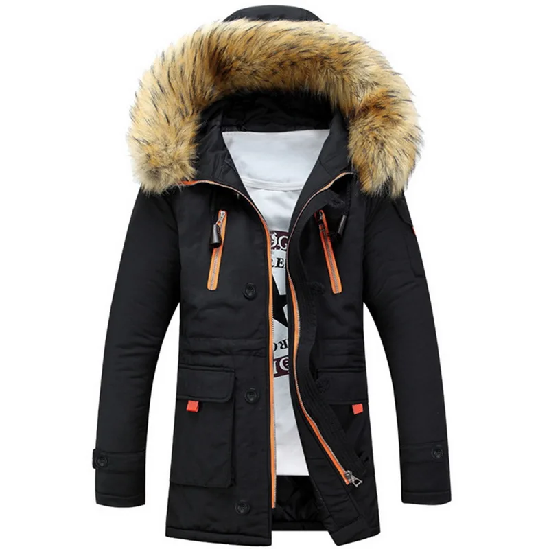 

HEFLASHOR Men Winter Warm Jacket Men's Parkas Outerwear Fur Collar Casual Long Cotton Wadded Male Hooded Coats Windproof S-3XL