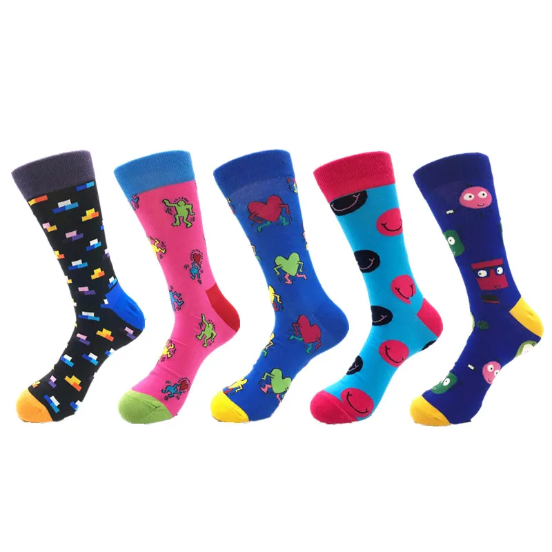5 пар/лот, брендовые Веселые носки для мужчин, подарок, модные повседневные Компрессионные носки, качественные носки из чесаного хлопка, цветные забавные носки - Цвет: 1