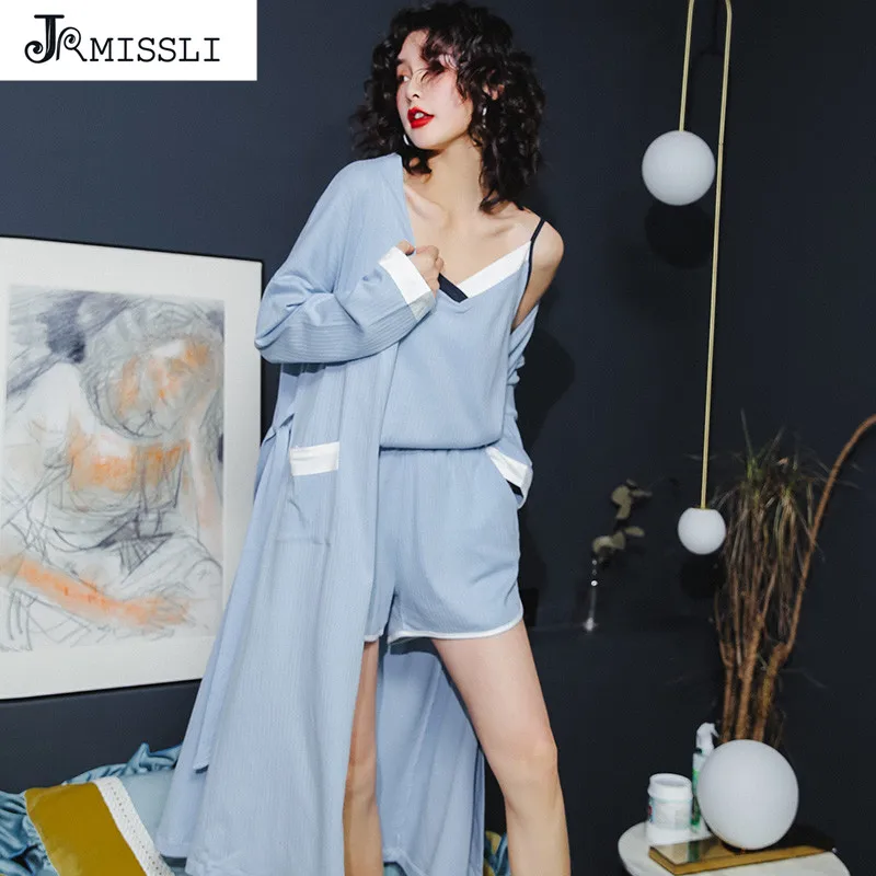 

JRMISSLI Women Pajamas Sets 100% Cotton Autumn Rose Print 3 Piece sets Pajama Set Sleepwear Big size M-XL Home Clothing