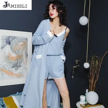 

JRMISSLI Women Pajamas Sets 100% Cotton Autumn Rose Print 3 Piece sets Pajama Set Sleepwear Big size M-XL Home Clothing