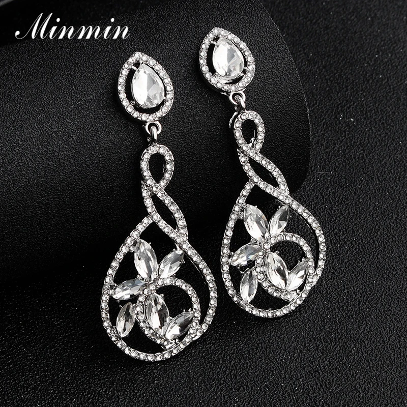 

Minmin Silver Flower Crystal Wedding Long Dangle Earrings for Women Luxury Teardrop Pendant Earrings Fashion Jewelry 2019 EH1429