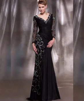 

Sexy Long Sleeve Prom Gown V Neck Beaded Sequins Taffeta Black Mermaid Evening Dress for Wedding Party Custom Made