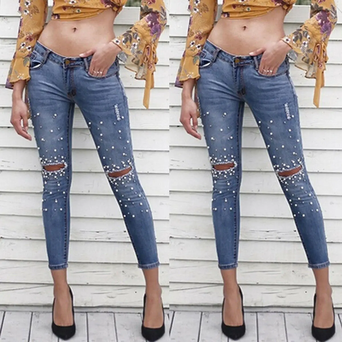 

Women Fashion Destroyed Ripped pearled Slim Denim Pants Boyfriend Jeans Trousers Ladies Womens Daily Casual Jean Pant Clothing