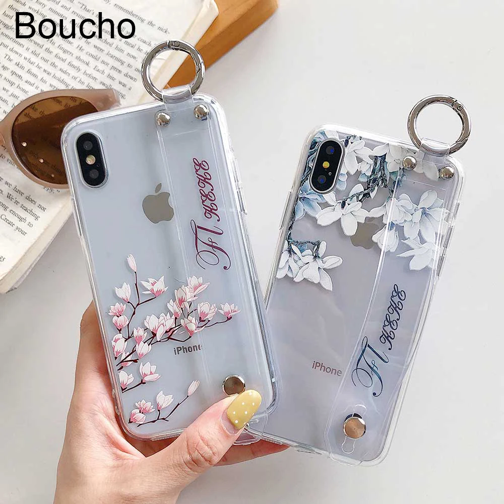 

Boucho Transparent Phone Case For iphone Xs Max XR X 8 6 6s 7 plus fashion Floral Flower Pattern Holder Cover Wrist Strap Case