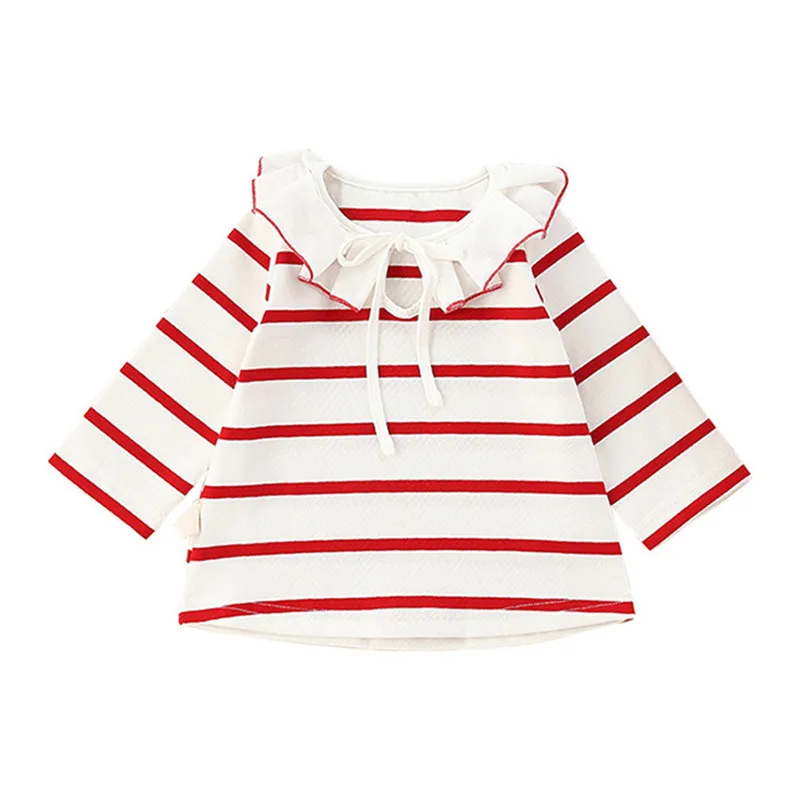 

Toddler Girl Autumn Causal Striped Shirt Ruffle For Girls Clothes Striped Basic Tees Kids Tops red 1-5Y