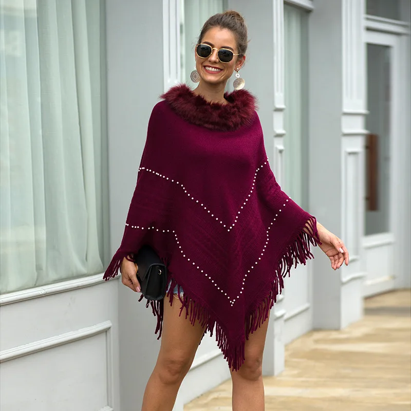 

HEE GRAND New Sweaters 2019 Faux fur Collar Pullovers Autumn Knitted Outwears Elegant Beading Cloaks Purple Tassel Wraps WZL1511