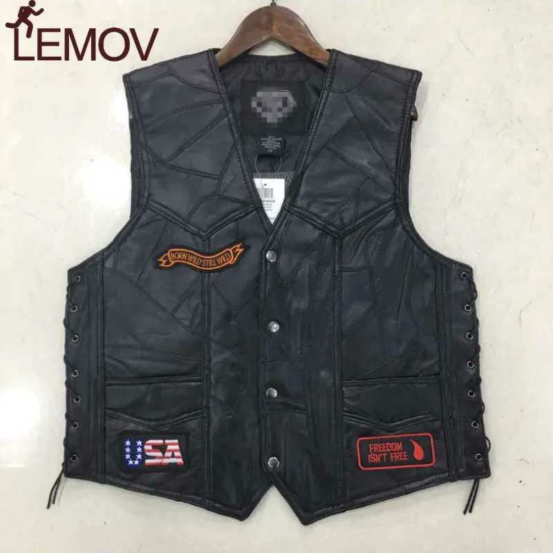 

LEMOV 2019 New Genuine Sheep Leather Punk Hiking Vest Embroidered Badge Vest with Metal Button Black Wind Proof Motorcycle Vests