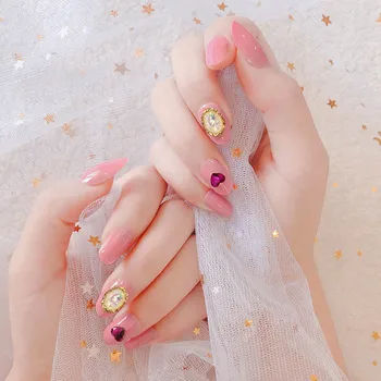 

24pcs Pink Color Cute False Nail 3D Shining Rhinestones Bride Fake Long Top Nail DIY Acrylic Nail Art Tips With Glue Girls