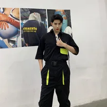 Рабочая одежда мужская металлическая цепь короткий рукав Повседневная рубашка брюки-комбинезоны MaleTooling уличная хип хоп шаровары брюки