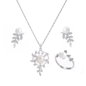

MeiBaPJ 925 Sterling Silver Olive Branch Jewelry Set Natural Pearl Pendant Necklace Ring and Earrings Fine Sets for Women