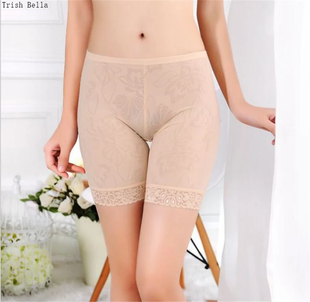 

Trish Bella 2018 new Ice silk perspective No trace Jacquard weave Lace short pants women fee safety pants boxer femme plus size
