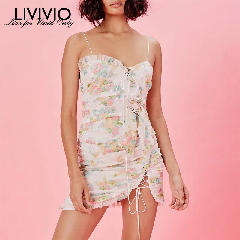 

[LIVIVIO] Print Sleeveless Sexy Dress Women Strap High Waist Bandages Slim Asymmetrical Mini Dresses Female Fashion 2019 Summer