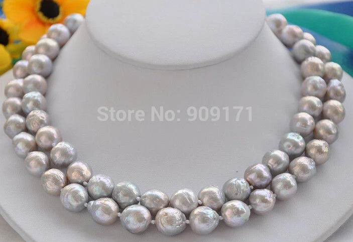 

Free Shipping>>2row 12mm gray almost round Edison PEARL NECKLACE mabe clasp