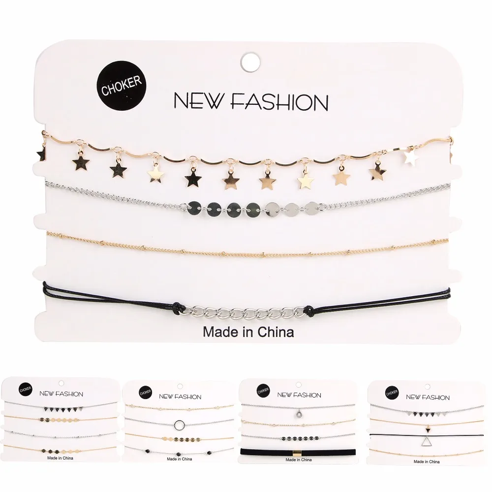 

4pcs/set Dainty Gold Color Chain Tiny Star Choker Necklace for Women Bijou Necklaces Pendants Simple Boho Layering Chokers