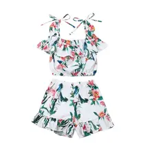 Комплект из 2 предметов для маленьких девочек, укороченные топы с оборками и штаны, одежда, летняя одежда, От 1 до 5 лет