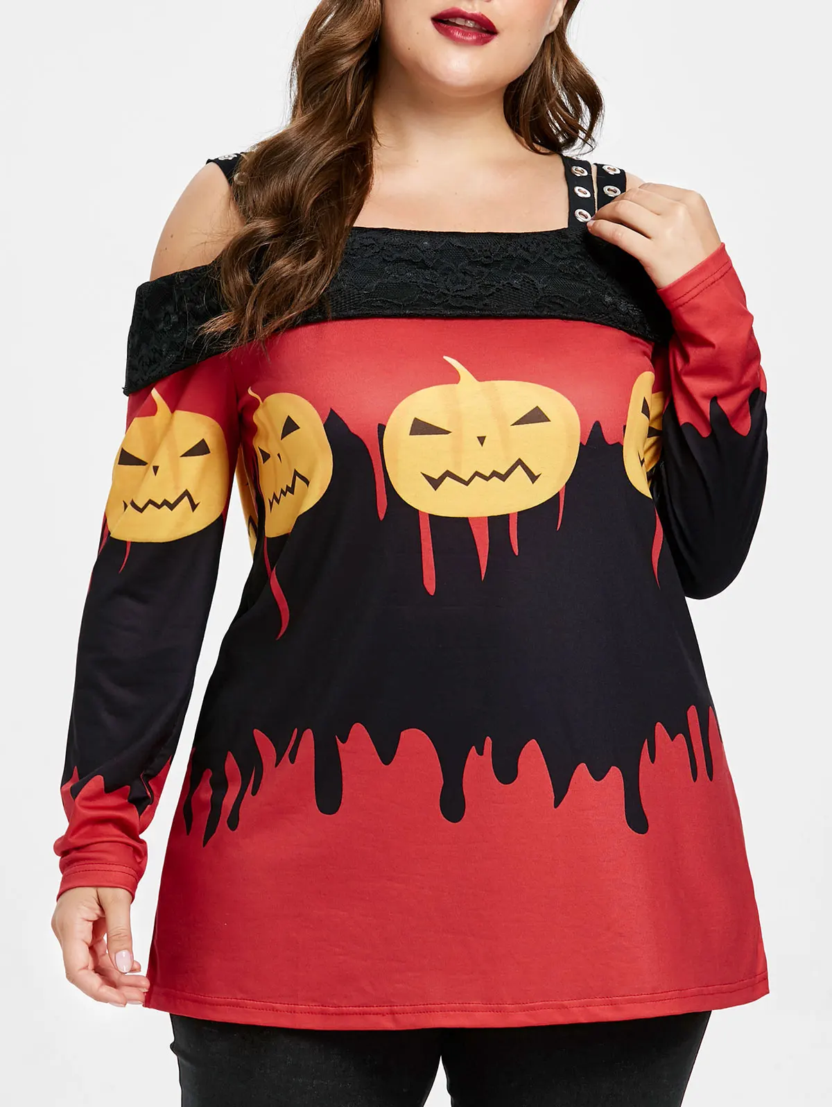 Kenancy Plus Size Halloween Open Shoulder Shirts 4XL 5XL Cut Out Blouse